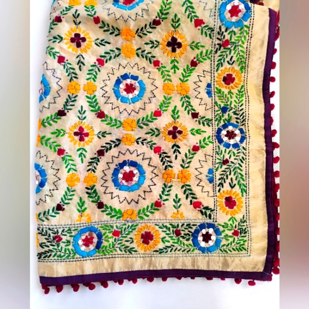 Floral Embroidered Scarf with Pom Pom Trim